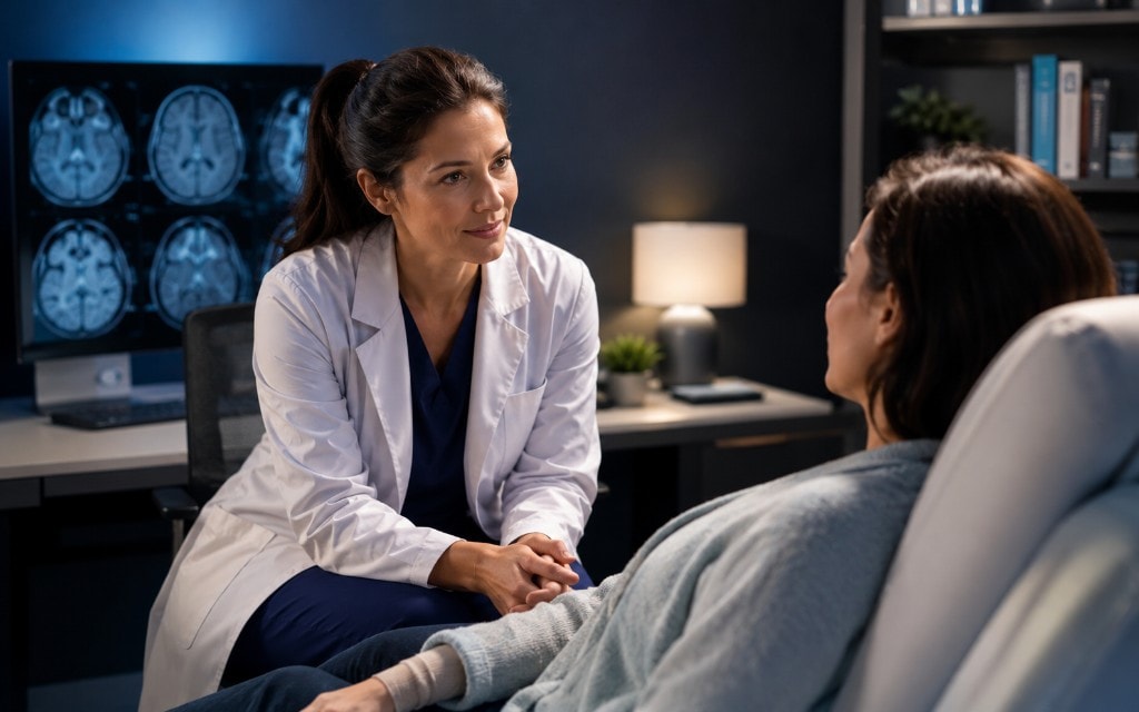 Neurologist consulting with a patient in a modern clinic, reviewing neurological care options