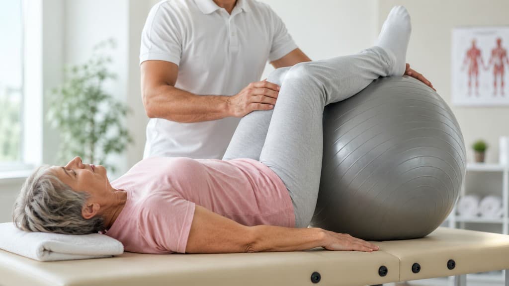 Therapist guiding a patient through vestibular rehabilitation on a stability ball