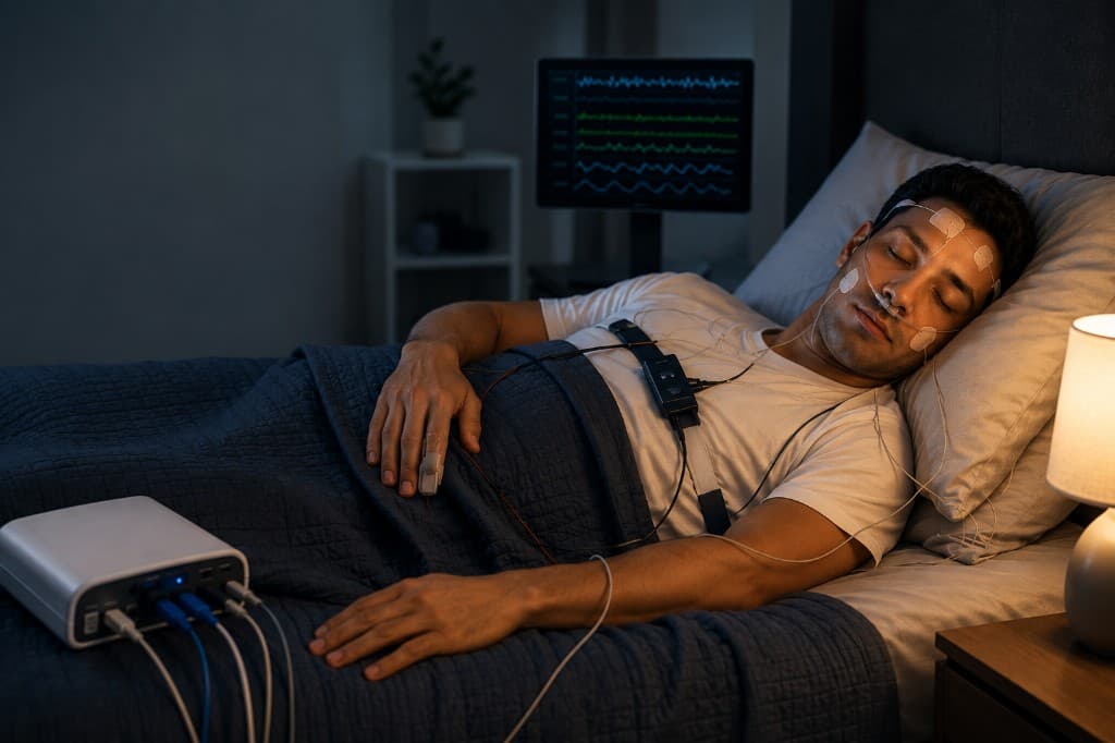 Patient undergoing overnight polysomnography in the on-site sleep lab